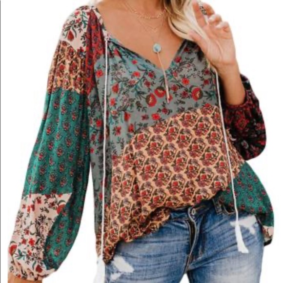 •L • Boho Peasant Patchwork Top New - Picture 2 of 9